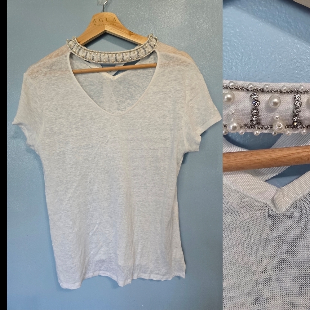 Generation Love White Linen Rhinestones Choke Collar Top M